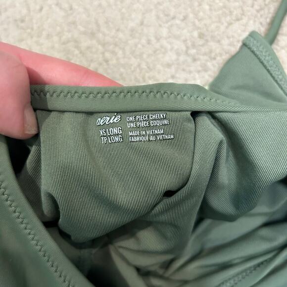 NWT Aerie Ruched Cut Out One Piece Swimsuit Women's Olive Fun Size XS Long - Picture 6 of 6